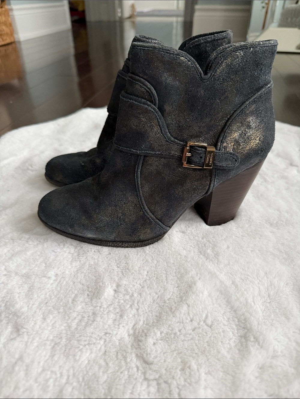 Vince Camuto navy and gold Suede Ankle Booties with Buckle